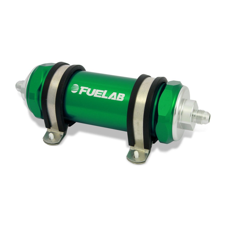 Fuelab 828 In-Line Fuel Filter Long -8AN In/Out 100 Micron Stainless – Green