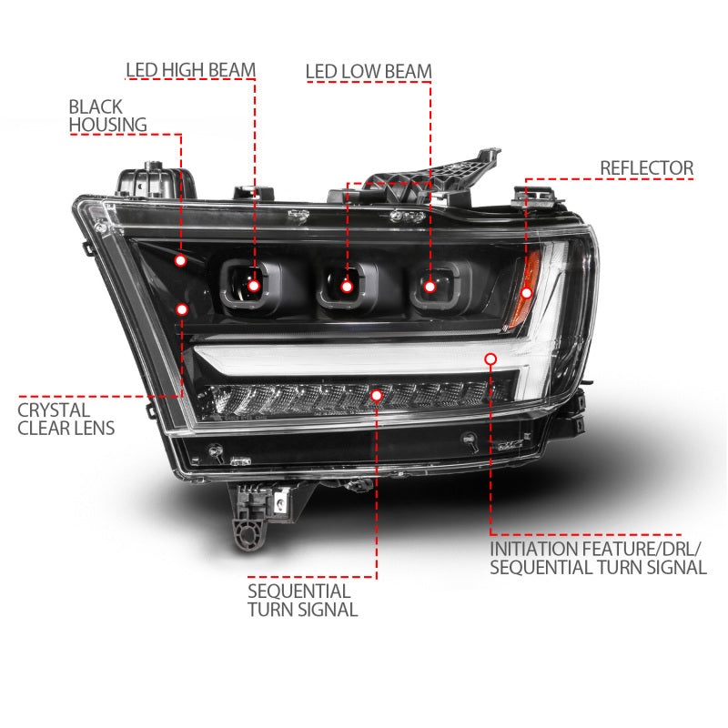 ANZO 19-24 RAM 1500 (New Body/OE Halogen) Full LED Proj Headlights DRL/SeqSig Black – Driver Side