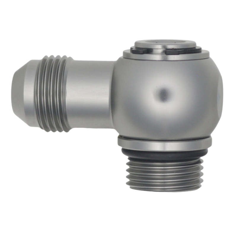 DeatschWerks 8AN ORB Male to 8AN Male Flare Low Profile 90-Degree Swivel – Anodized DW Titanium