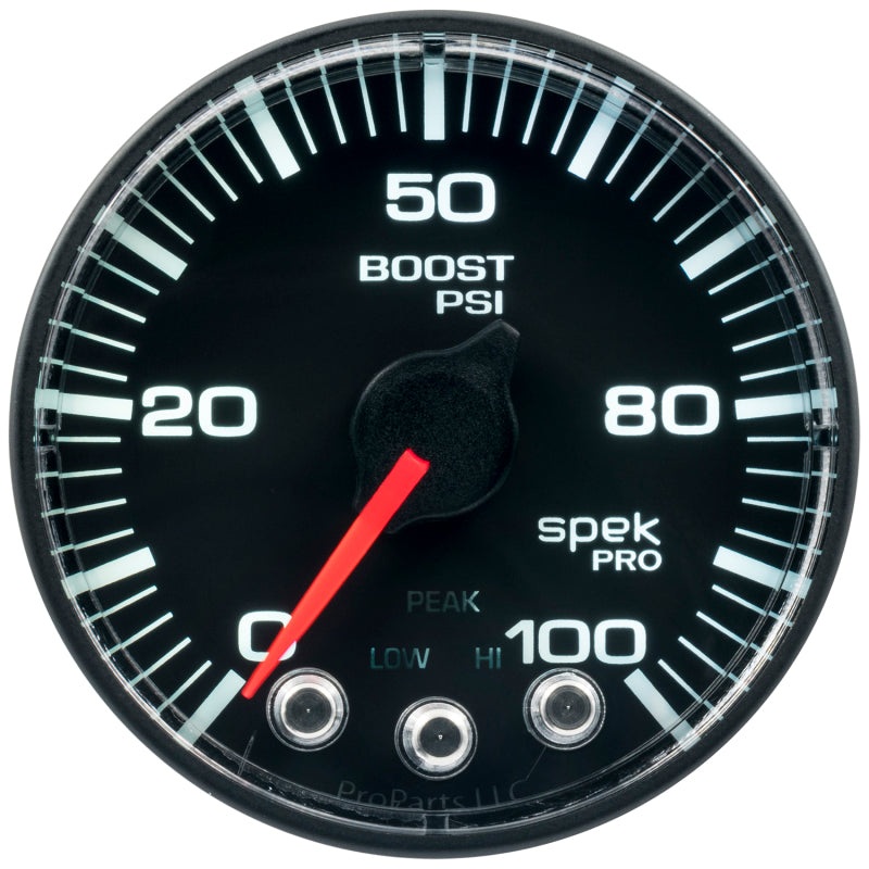 Autometer Spek-Pro Gauge Boost 2 1/16in 100psi Stepper Motor W/Peak & Warn Black / Black Universal | P305328