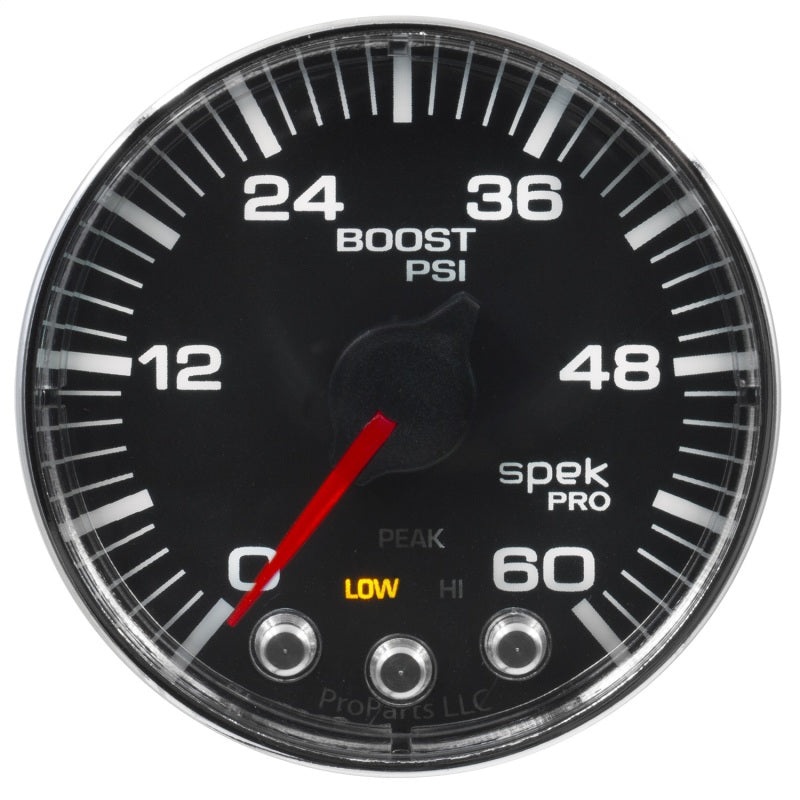 Autometer Spek-Pro Gauge Boost 2 1/16in 60psi Stepper Motor W/Peak & Warn Black / Chrm Universal | P30432