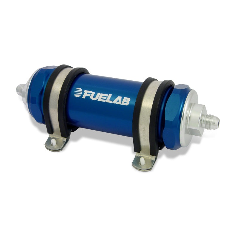 Fuelab 828 In-Line Fuel Filter Long -8AN In/-6AN Out 100 Micron Stainless – Blue