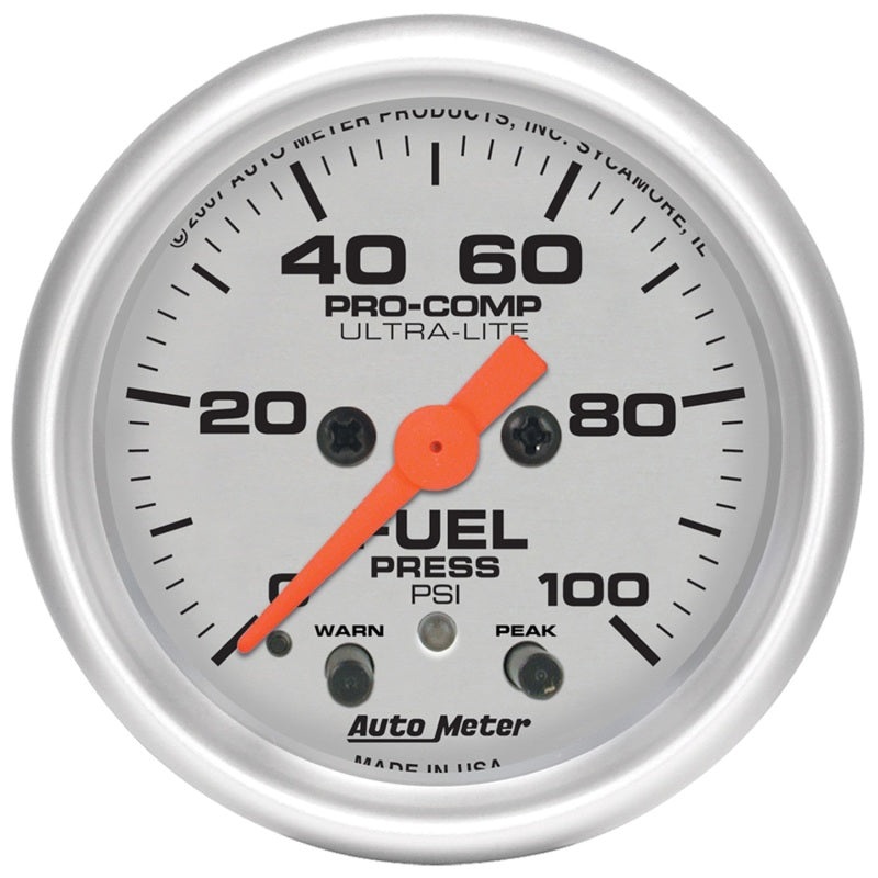 Autometer Ultra-Lite 52mm 0-100 PSI Fuel Pressure w/ Peak Memory Warning Gauge Universal | 4371