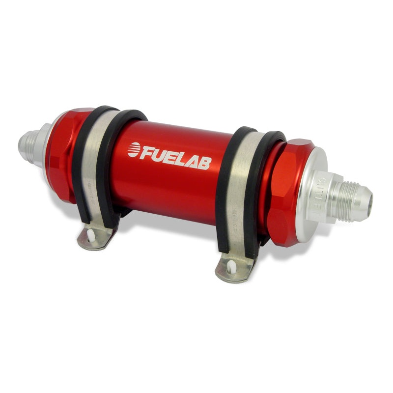 Fuelab 828 In-Line Fuel Filter Long -12AN In/-8AN Out 6 Micron Fiberglass – Red