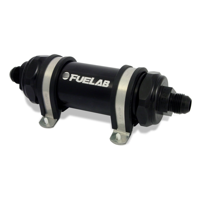 Fuelab 828 In-Line Fuel Filter Long -8AN In/-12AN Out 40 Micron Stainless – Black