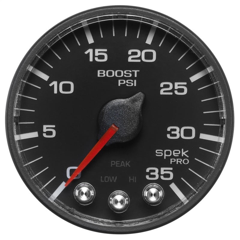 Autometer Spek-Pro Gauge Boost 2 1/16in 35psi Stepper Motor W/Peak & Warn Black / Black Universal | P303328