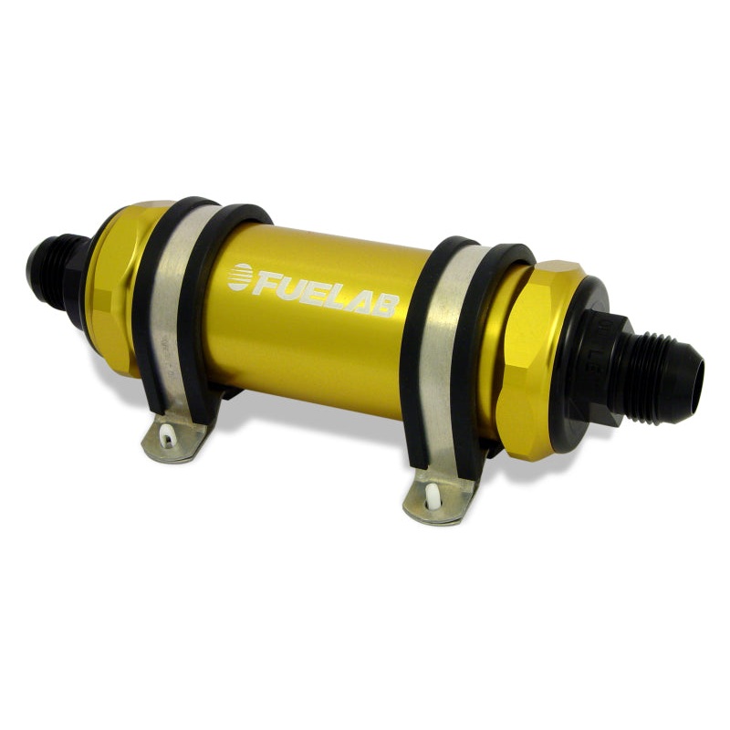 Fuelab 828 In-Line Fuel Filter Long -12AN In/-8AN Out 6 Micron Fiberglass – Gold