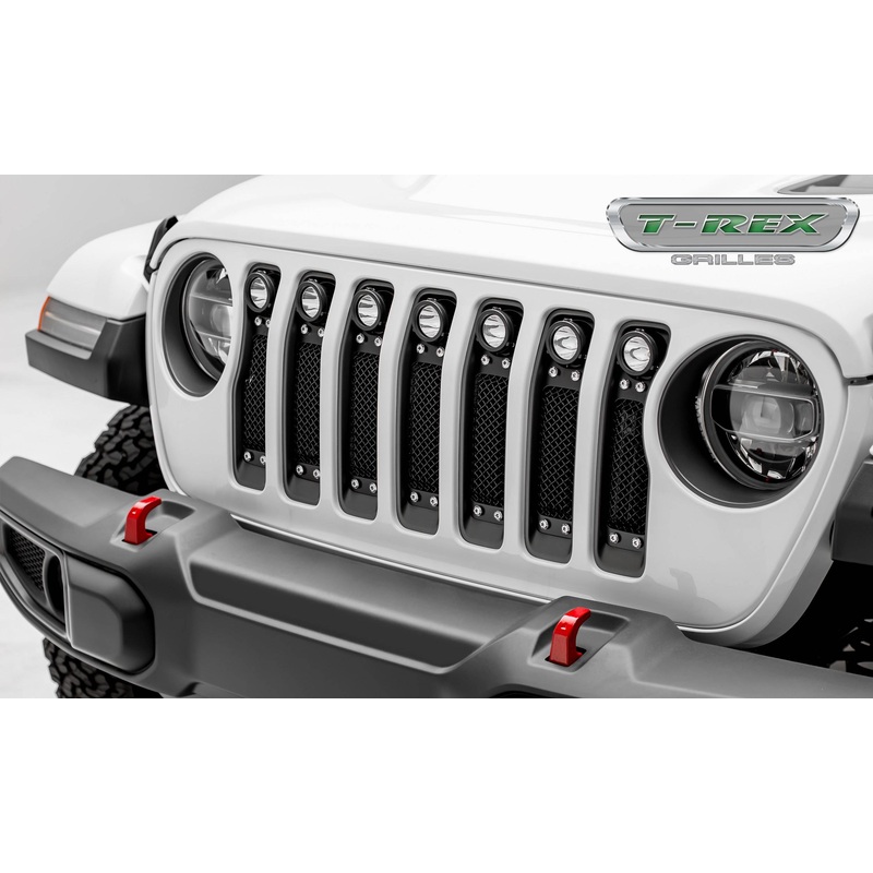 T-Rex Torch Series 2018-up Jeep Wrangler JL Black Powdercoat Insert with Chrome Studs and (7) 2″ LED Lights
